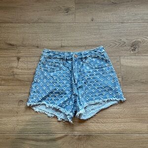 Embroidered Light Blue Denim High-Rise Shorts